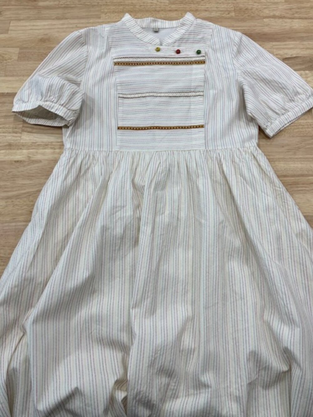 Cotton lined dress, cream with stitched colored thread, Size L